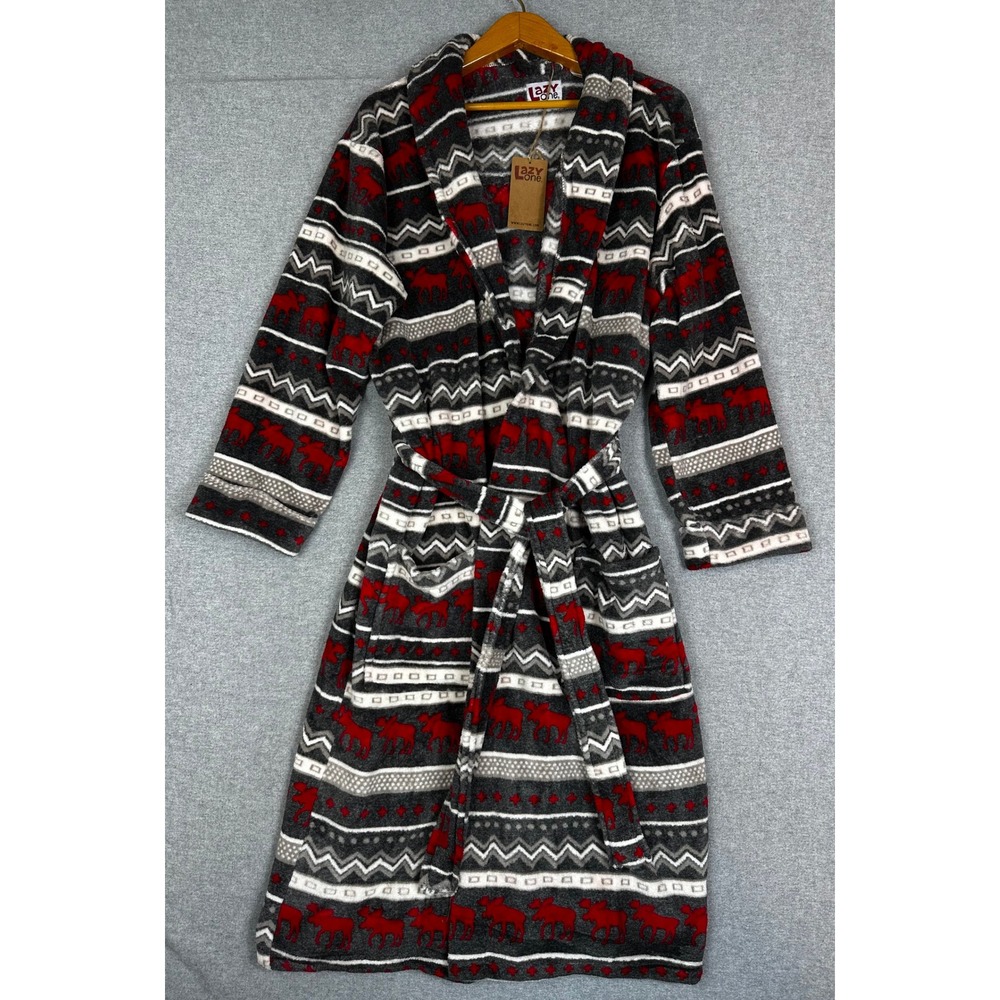 NWT Lazy One Robe Mens S/M Grey Red Cabin‎ Moose Fair Isle Aztec Fleece
